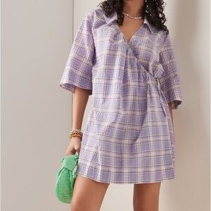 Ganni Seersucker Check Mini Wrap Dress